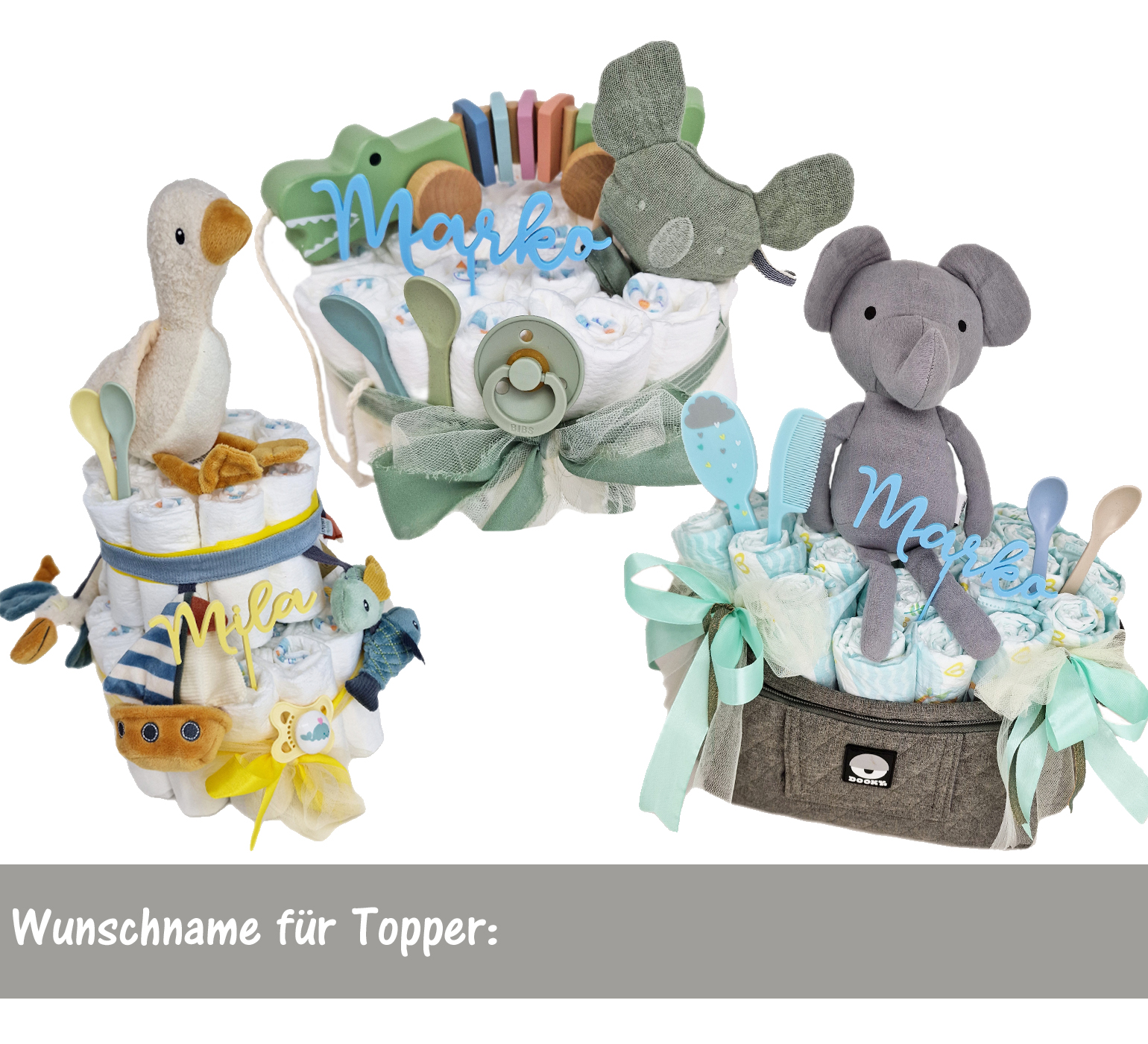 Elfenstall Windeltorte Pamperstorte mit süßem Nachziehtier Eisbär